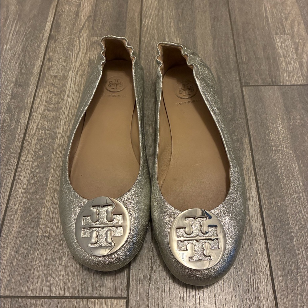 Tory Burch Metallic Silver Flats